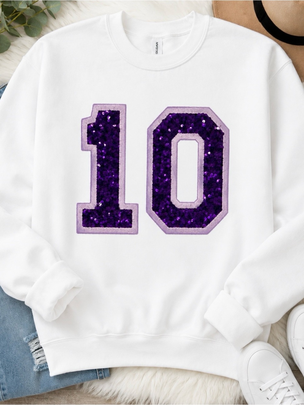 White Sweatshirt with Purple Sequin "10"